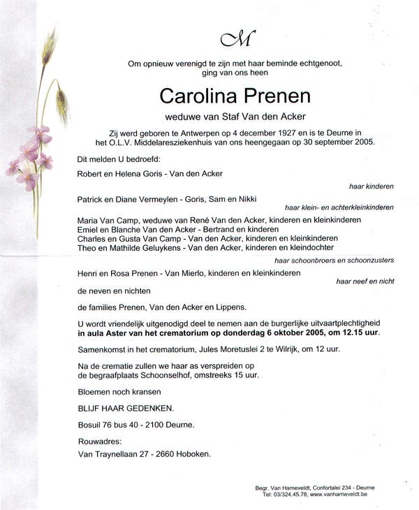 Overlijdensbrief Caroline Prenen
